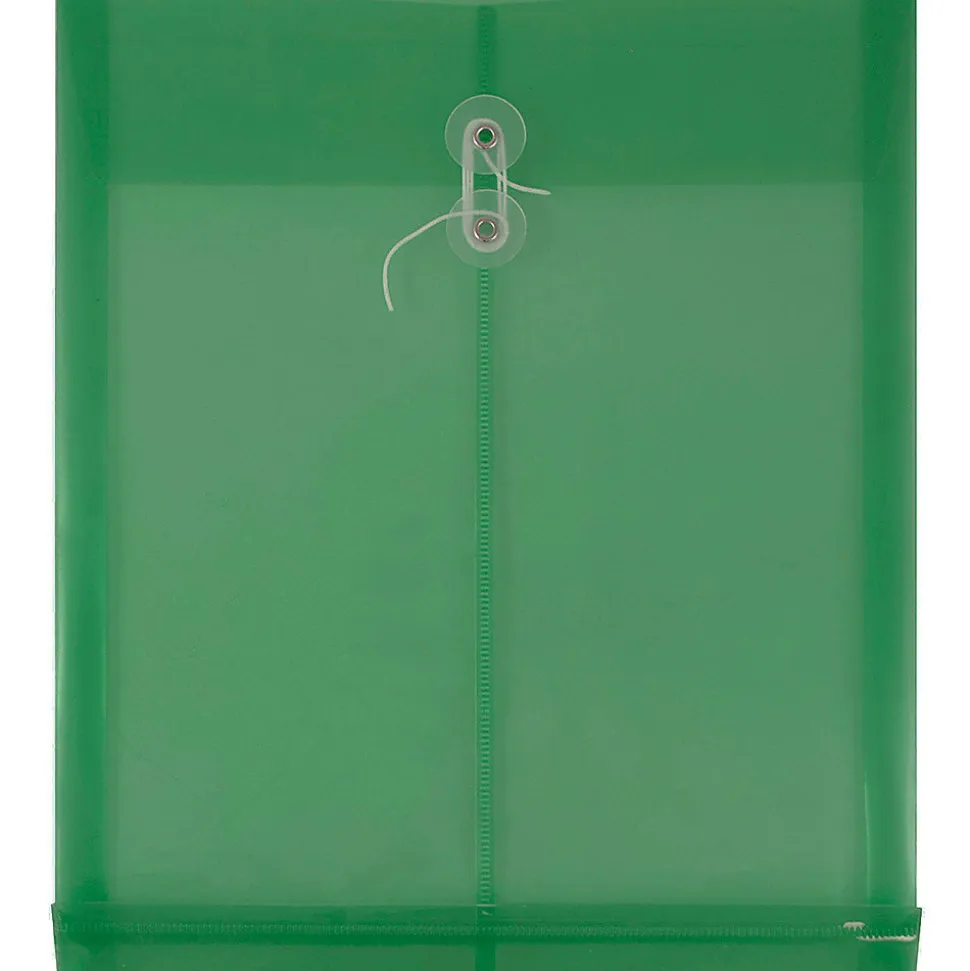 JAM Paper® Open-End Plastic Envelopes, Letter-Size, 9 3/4" x 11 3/4", Button & String Closure, Green, Pack Of 12