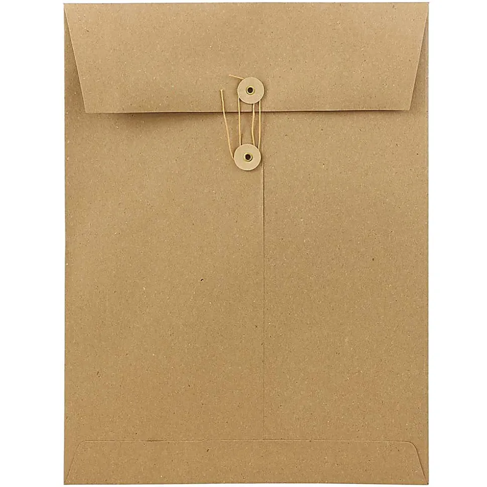 JAM Paper® Open-End 9" x 12" Manila Catalog Envelopes, Button & String Closure, 100% Recycled, Brown Kraft, Pack Of 25