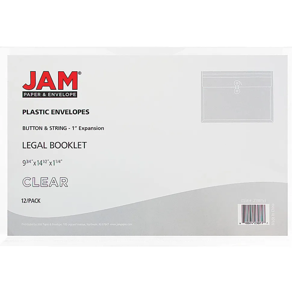 JAM Paper® Plastic Booklet Envelopes, Legal-Size, 9 3/4" x 14 1/2", Button & String, Clear, Pack Of 12