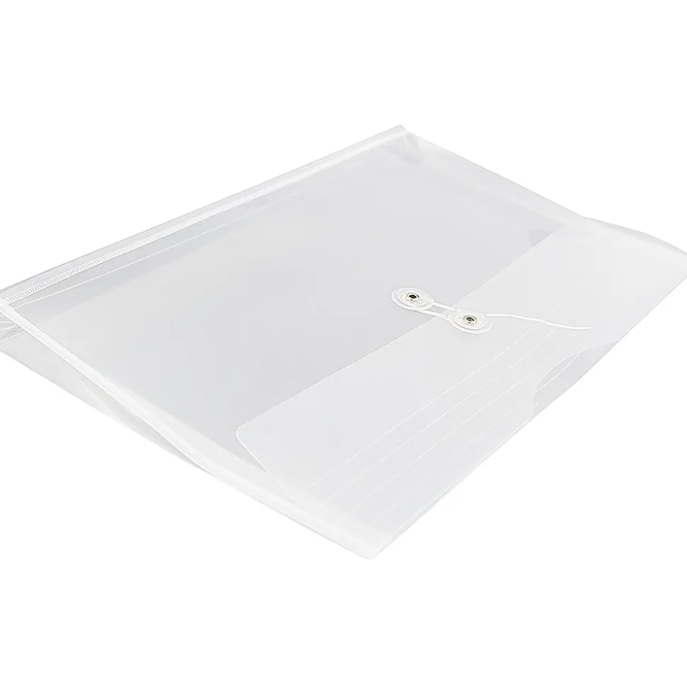 JAM Paper® Plastic Booklet Envelopes, Legal-Size, 9 3/4" x 14 1/2", Button & String, Clear, Pack Of 12