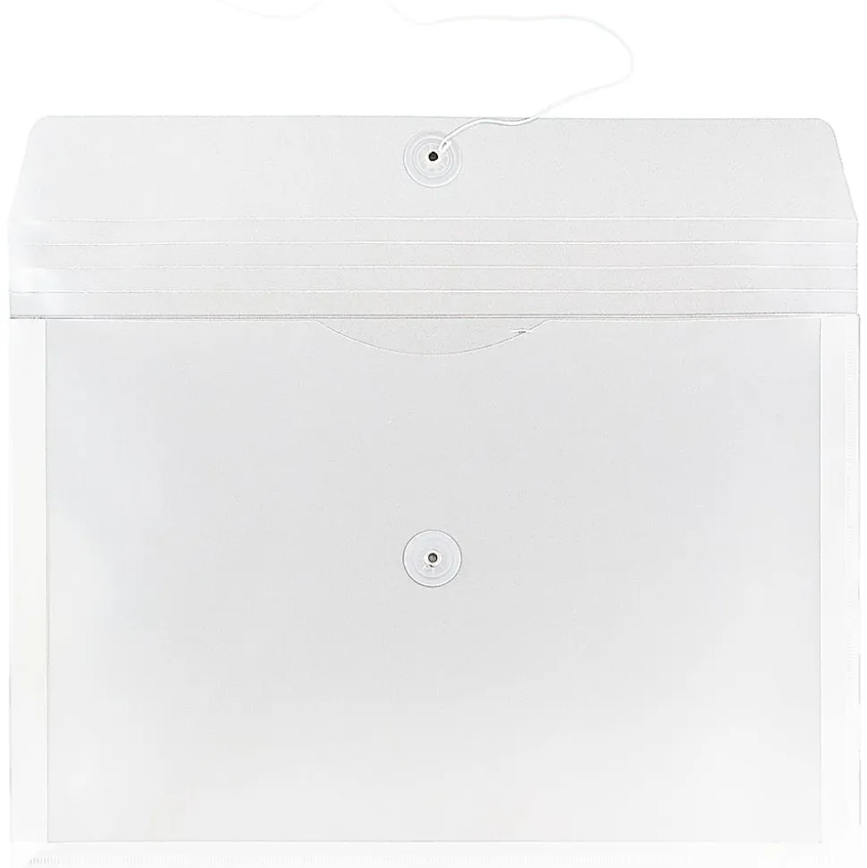 JAM Paper® Plastic Booklet Envelopes, Legal-Size, 9 3/4" x 14 1/2", Button & String, Clear, Pack Of 12