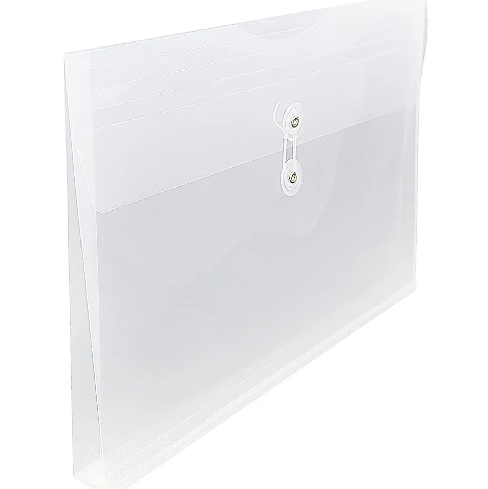 JAM Paper® Plastic Booklet Envelopes, Legal-Size, 9 3/4" x 14 1/2", Button & String, Clear, Pack Of 12