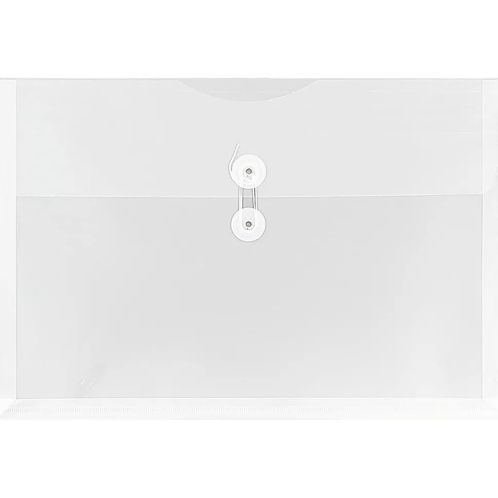 JAM Paper® Plastic Booklet Envelopes, Legal-Size, 9 3/4" x 14 1/2", Button & String, Clear, Pack Of 12