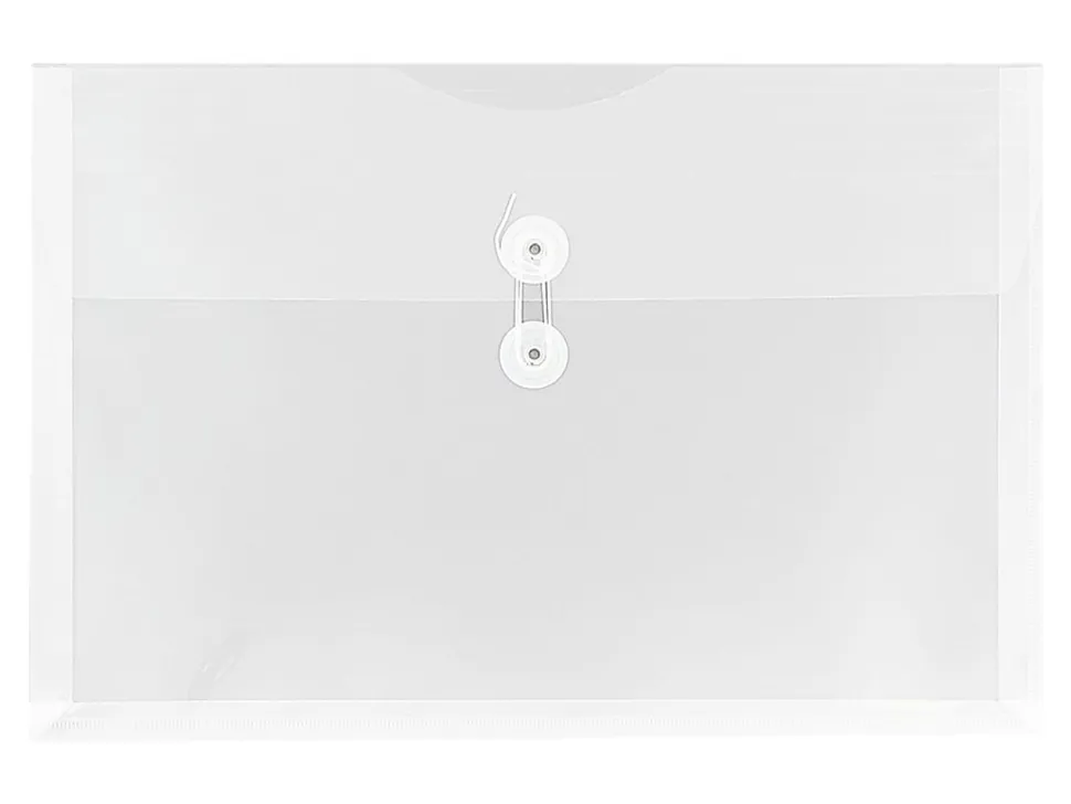 JAM Paper® Plastic Booklet Envelopes, Legal-Size, 9 3/4" x 14 1/2", Button & String, Clear, Pack Of 12