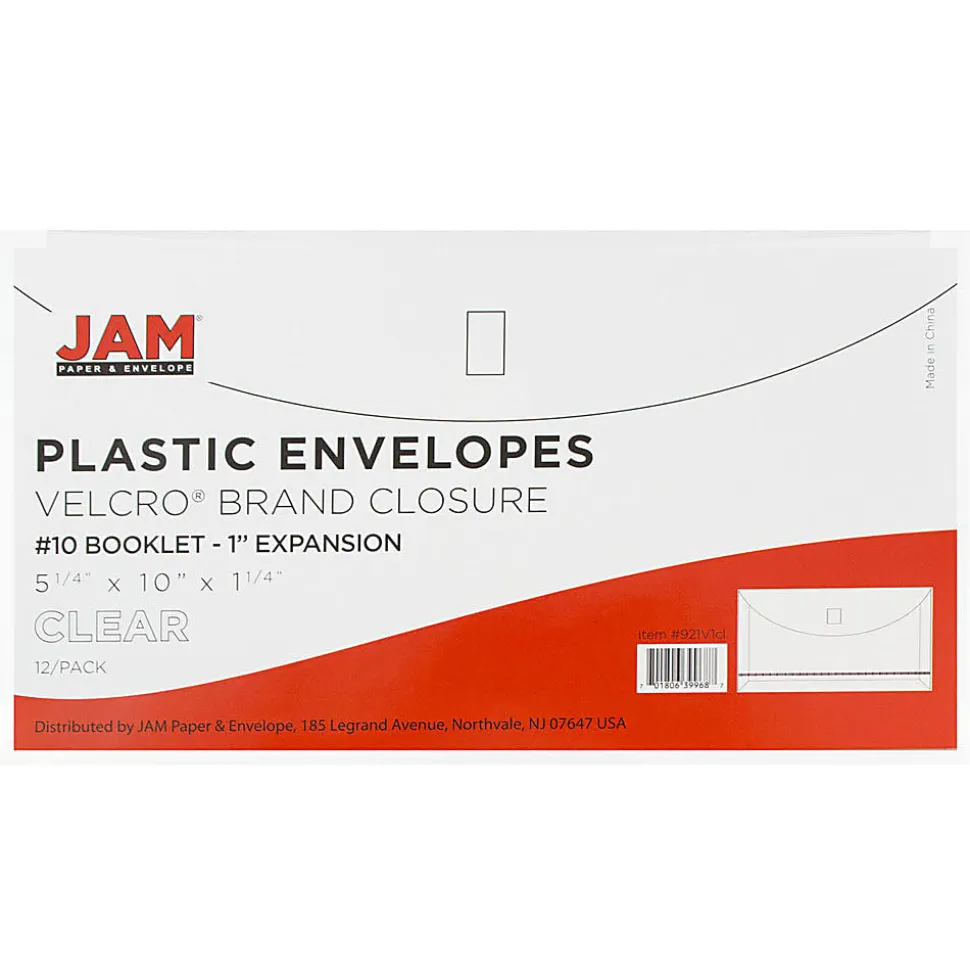JAM Paper® #10 Plastic Envelopes, Hook and Loop Closure, Clear, Pack Of 12