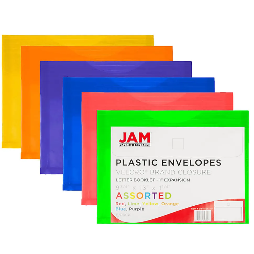 JAM Paper® Plastic Envelopes, 9-3/4" x 13", Hook & Loop Closure, Assorted Colors, Pack Of 6 Envelopes