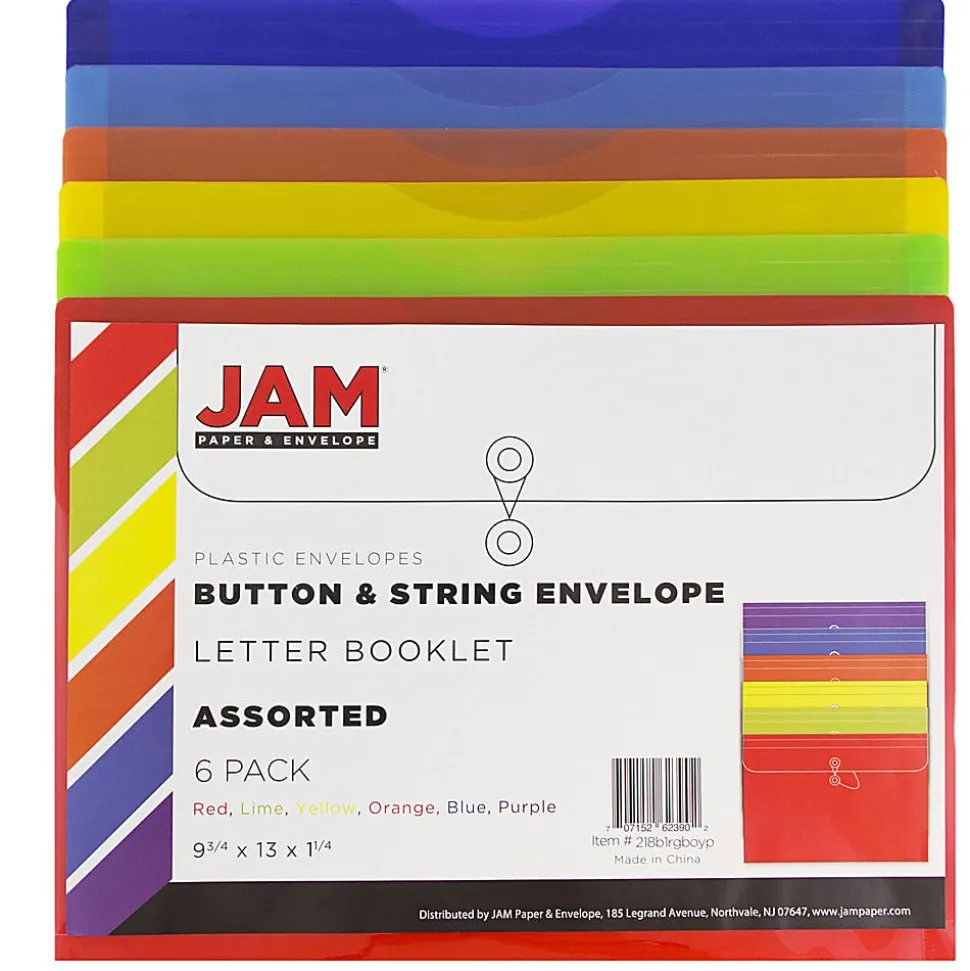 JAM Paper® Plastic Letter Booklet Envelopes, 9-3/4" x 13", Button & String Closure, Assorted Colors, Pack Of 6 Envelopes