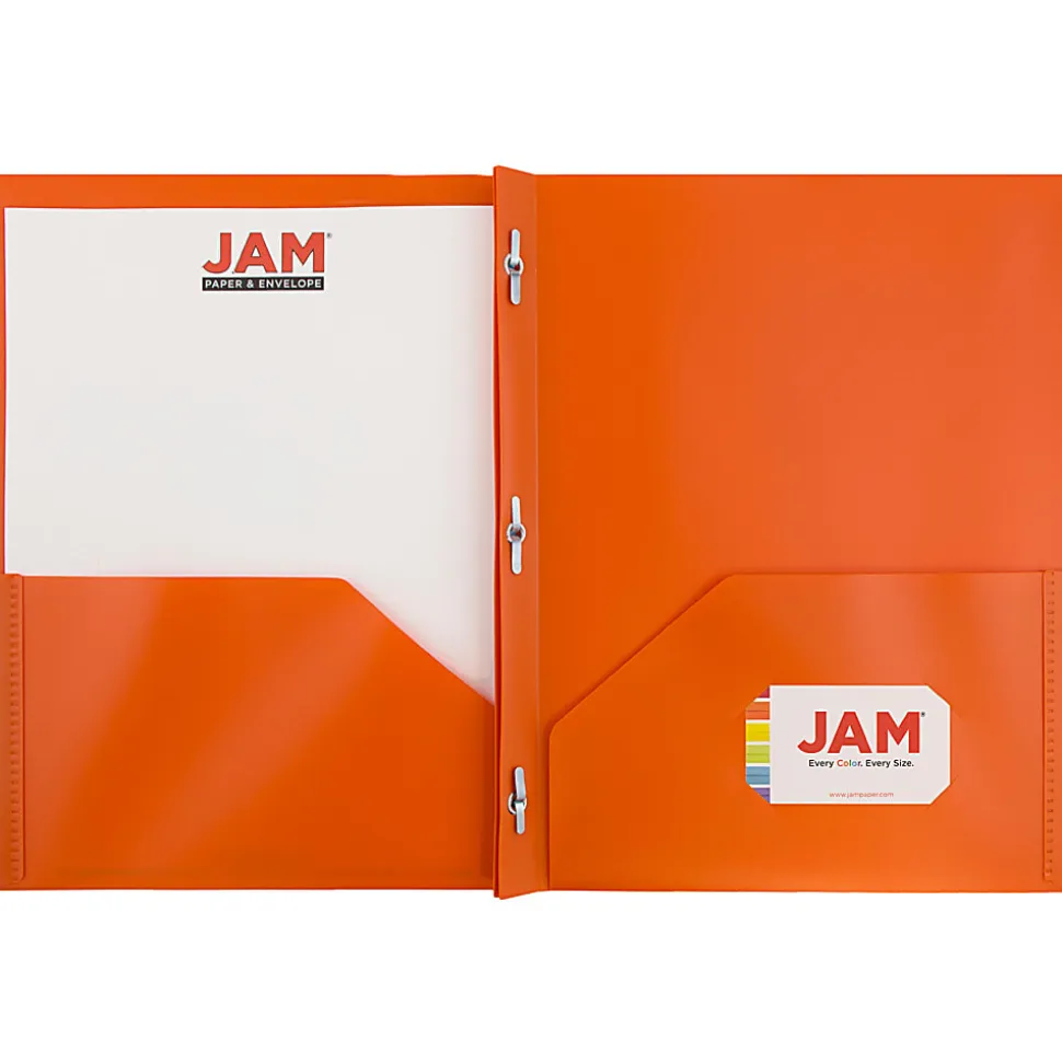 JAM Paper® Plastic 2-Pocket POP Folders with Metal Prongs Fastener Clasps, 9 1/2" x 11 1/2", Orange, Pack Of 6