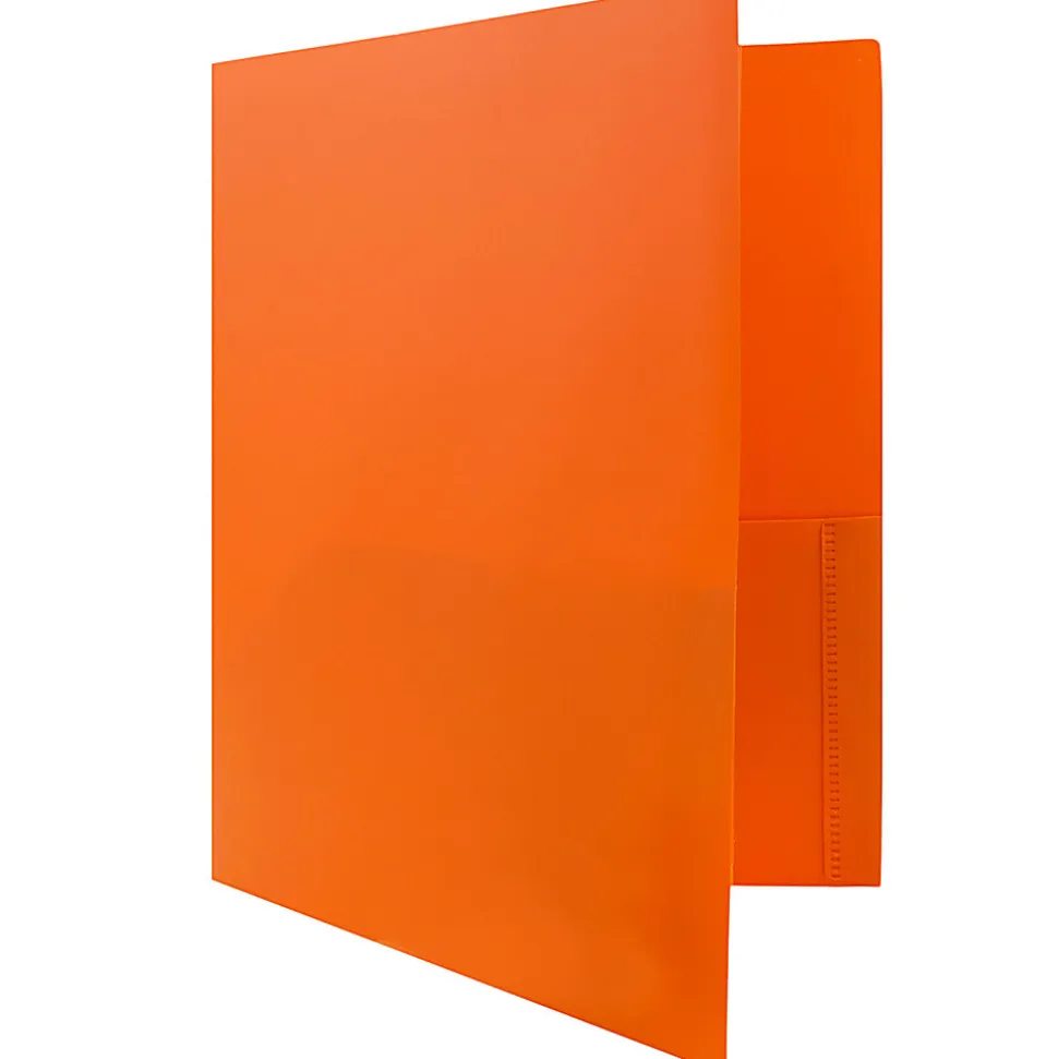 JAM Paper® Plastic 2-Pocket POP Folders with Metal Prongs Fastener Clasps, 9 1/2" x 11 1/2", Orange, Pack Of 6