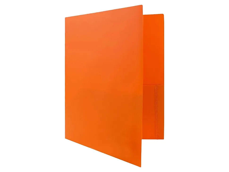 JAM Paper® Plastic 2-Pocket POP Folders with Metal Prongs Fastener Clasps, 9 1/2" x 11 1/2", Orange, Pack Of 6