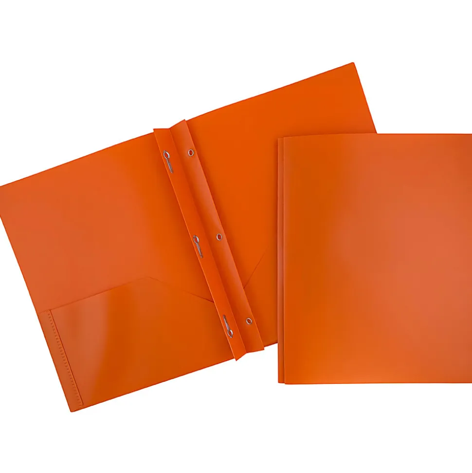 JAM Paper® Plastic 2-Pocket POP Folders with Metal Prongs Fastener Clasps, 9 1/2" x 11 1/2", Orange, Pack Of 6