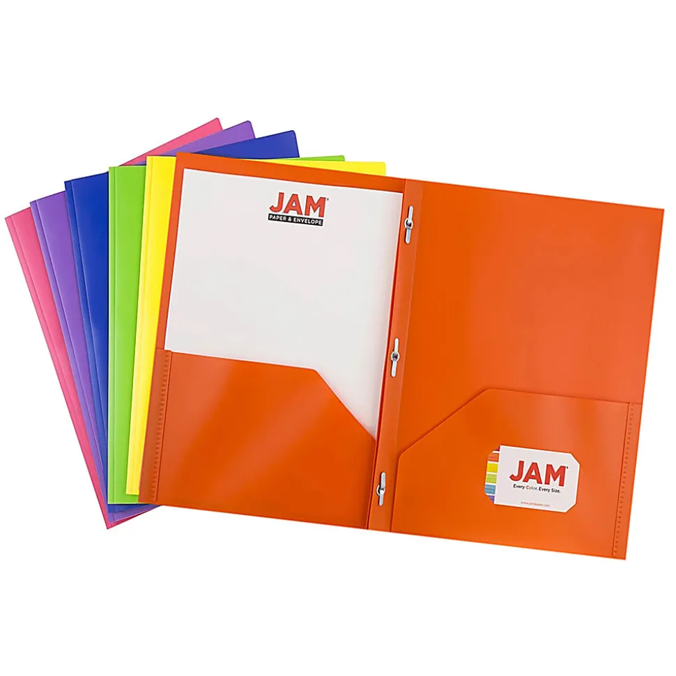 JAM Paper® Plastic 2-Pocket POP Folders With Prongs, Letter Size, 9-1/2" x 11-1/2", Assorted Primary Colors, Pack Of 6 Folders