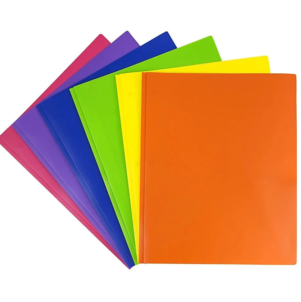JAM Paper® Plastic 2-Pocket POP Folders With Prongs, Letter Size, 9-1/2" x 11-1/2", Assorted Primary Colors, Pack Of 6 Folders