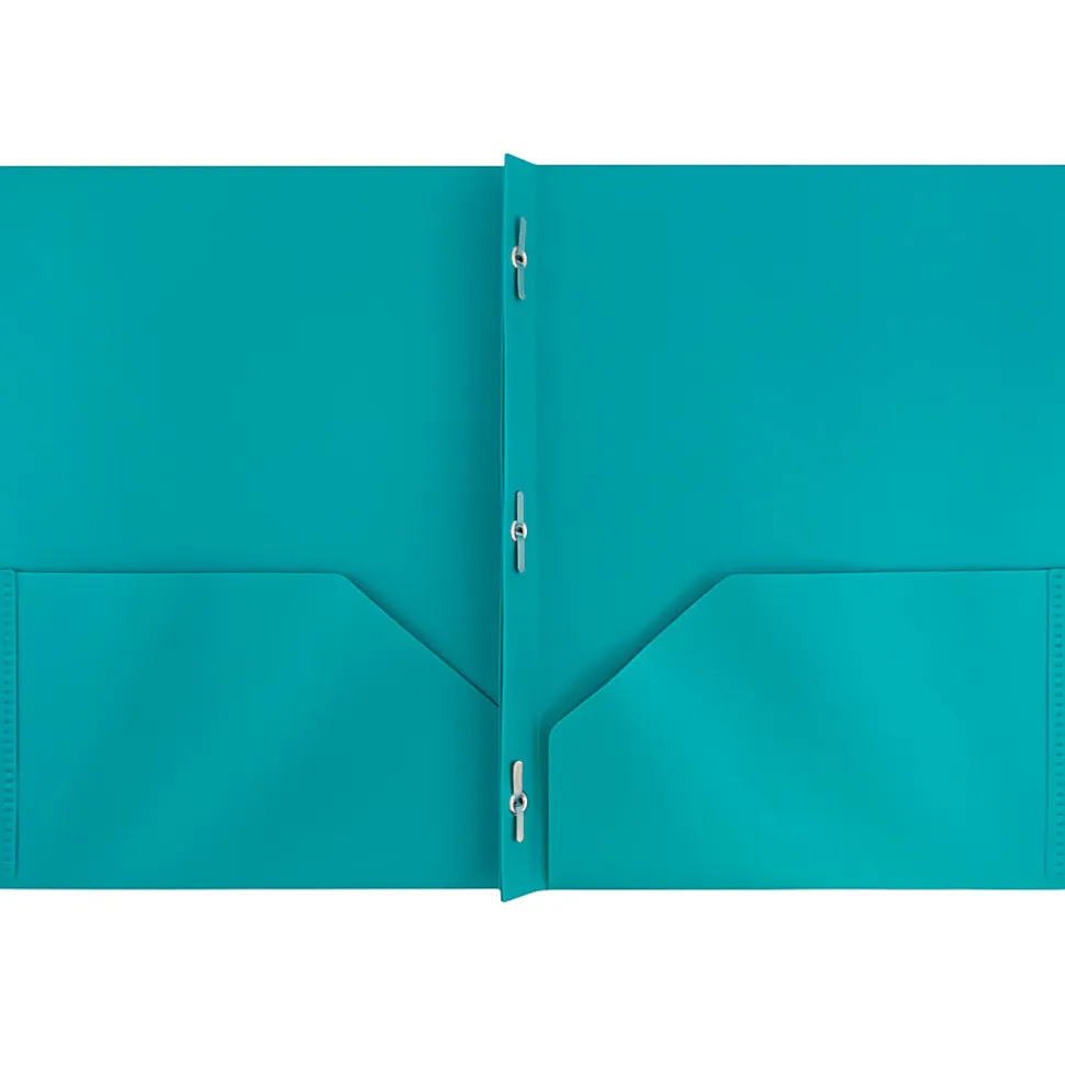 JAM Paper® Plastic 2-Pocket POP Folders with Metal Prongs Fastener Clasps, 9 1/2" x 11 1/2", Teal, Pack Of 6