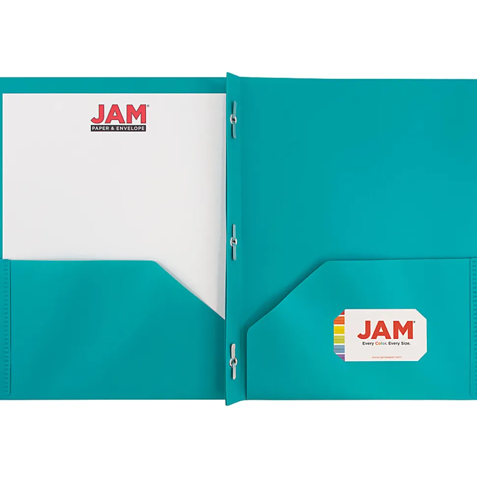 JAM Paper® Plastic 2-Pocket POP Folders with Metal Prongs Fastener Clasps, 9 1/2" x 11 1/2", Teal, Pack Of 6