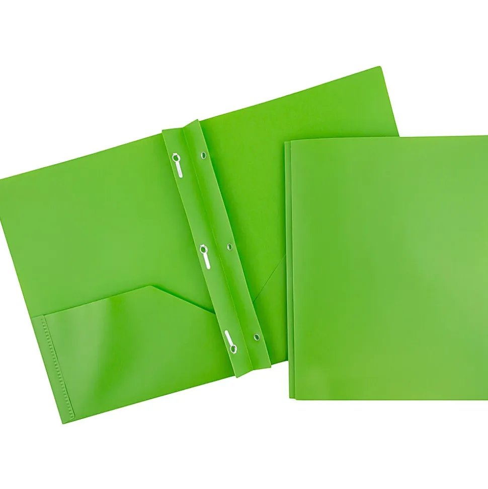JAM Paper® Plastic 2-Pocket POP Folders with Metal Prongs Fastener Clasps, 9 1/2" x 11 1/2", Lime Green, Pack Of 6