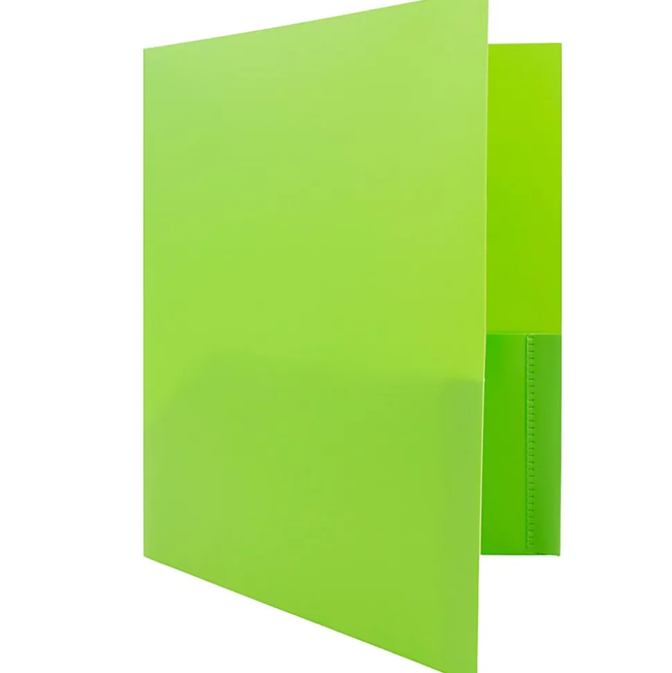JAM Paper® Plastic 2-Pocket POP Folders with Metal Prongs Fastener Clasps, 9 1/2" x 11 1/2", Lime Green, Pack Of 6