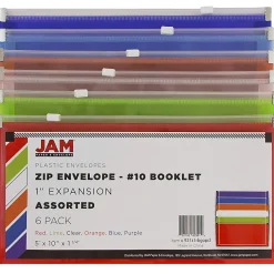 JAM PaperĀ® Plastic Wallet Envelopes, #10, Zipper Closures, Assorted Colors, Pack Of 6 Envelopes