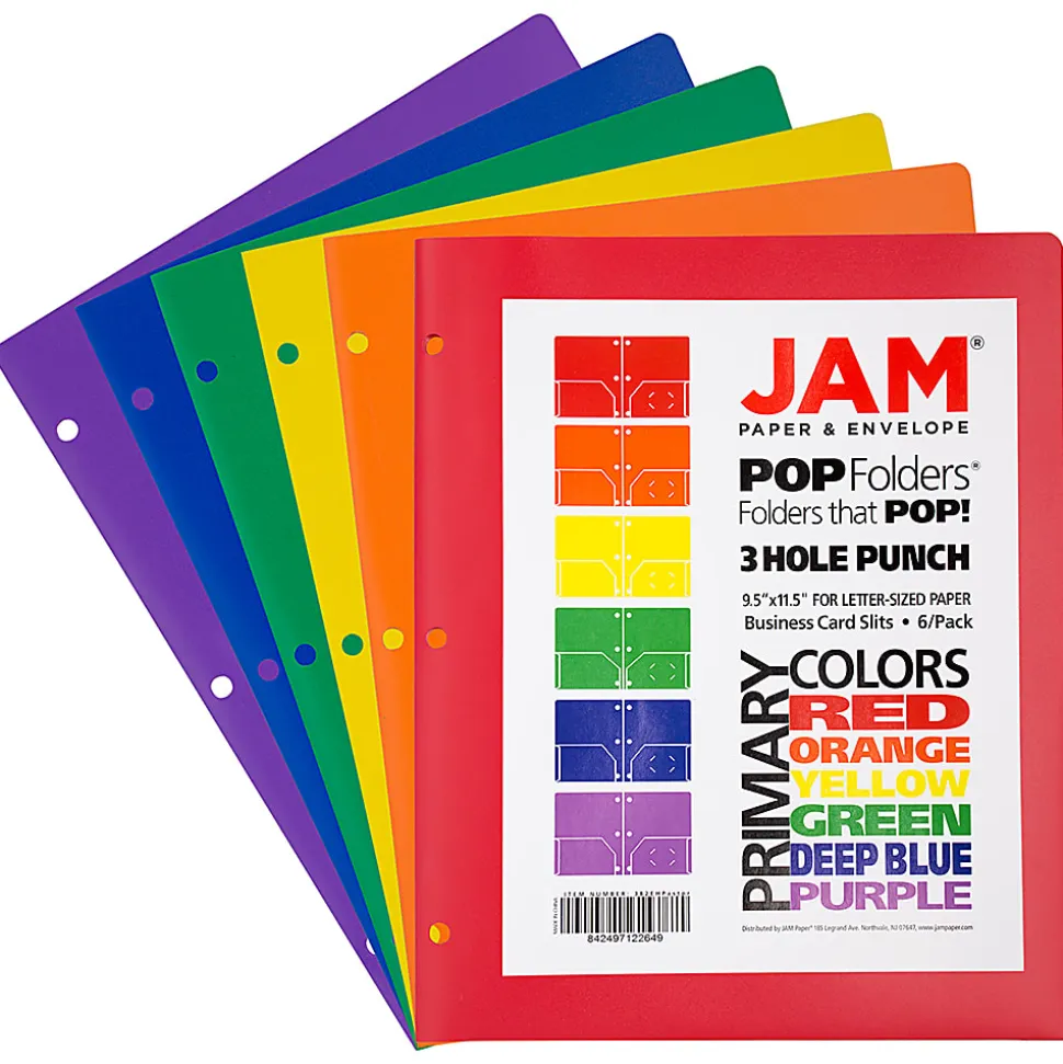 JAM Paper® POP Plastic 3-Hole Punched 2-Pocket School Folders, 9-1/2" x 11-1/2", Assorted Primary, Pack Of 6 Folders
