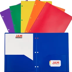 JAM Paper® POP Plastic 3-Hole Punched 2-Pocket School Folders, 9-1/2" x 11-1/2", Assorted Primary, Pack Of 6 Folders