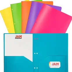 JAM PaperĀ® POP Plastic 3-Hole Punched 2-Pocket School Folders, 9-1/2" x 11-1/2", Assorted Fashion, Pack Of 6 Folders