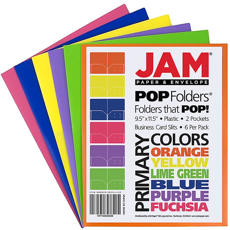 JAM Paper® POP Plastic 2-Pocket School Folders, 9-1/2" x 11-1/2", Assorted Primary, Pack Of 6 Folders