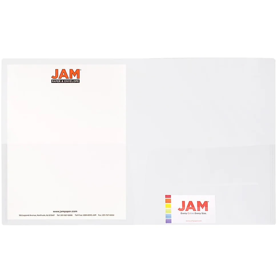 JAM Paper® Regular-Weight 2-Pocket Plastic Presentation Folders, 9" x 12", Clear, Pack Of 6