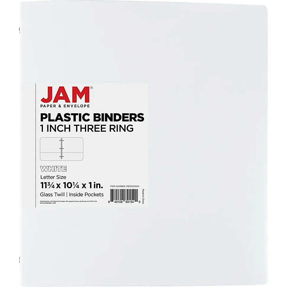 JAM PAPER 3 Ring Plastic Binder, 1 inch, White