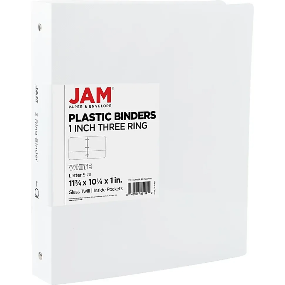 JAM PAPER 3 Ring Plastic Binder, 1 inch, White