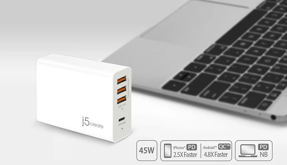 j5create AC 100 63-Watt 4-Port Power Adapter, White, JUP4263