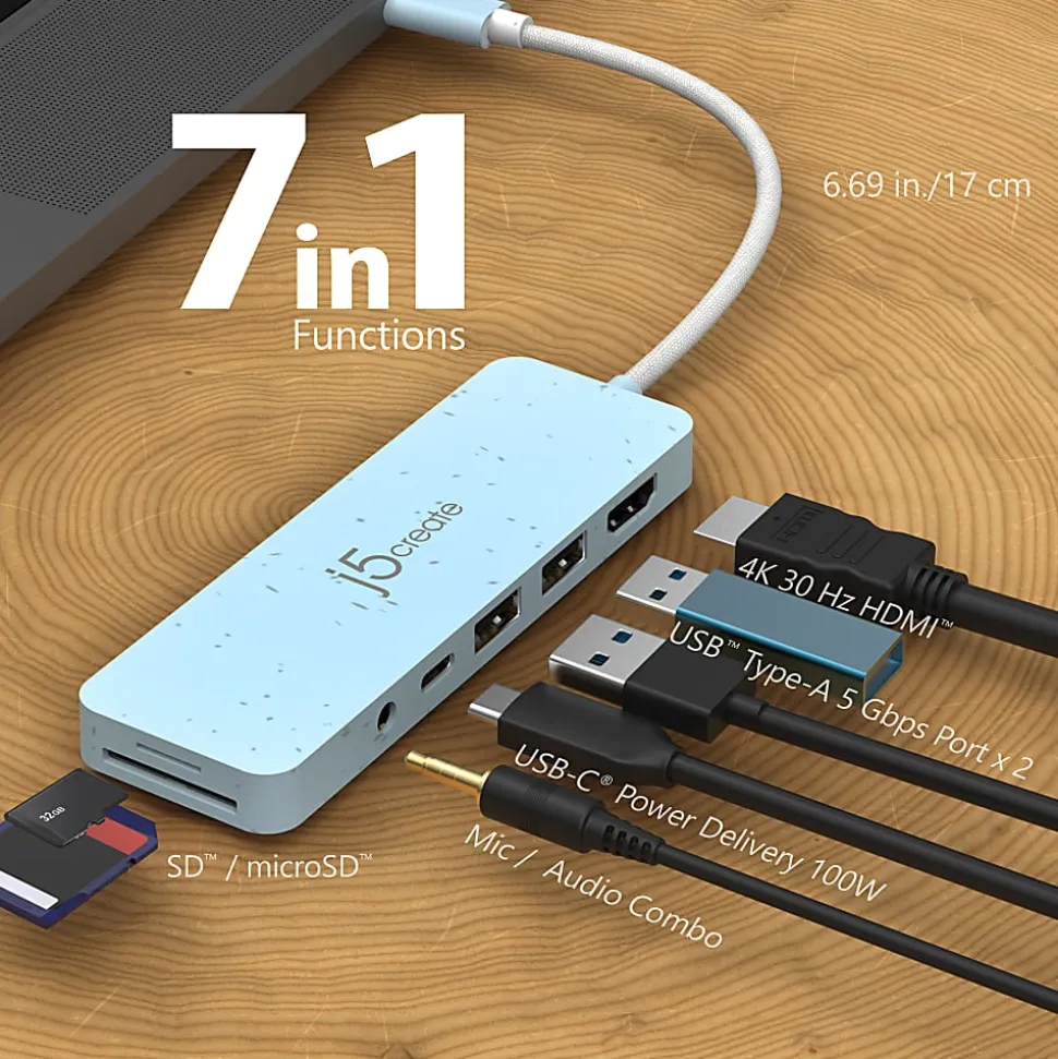 j5create USB-C Multi-Port Hub With Power Delivery, 6-3/4”, White, JCD373EW