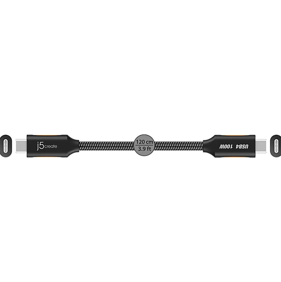j5Create USB4 Gen 3 Full-Featured USB-C Braided Cable, 3.9', Black, JUCX27L12