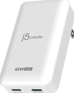 j5create 65W GaN Slim PD USB-C 2-Port Charger, White, JUP2465