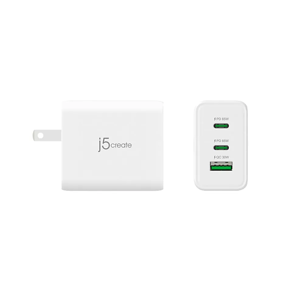 j5create 65W GaN USB-C 3-Port Charger, White, JUP3365