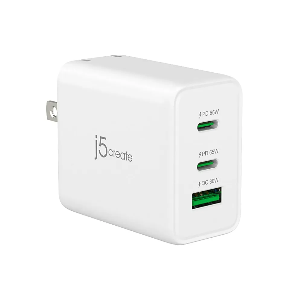 j5create 65W GaN USB-C 3-Port Charger, White, JUP3365