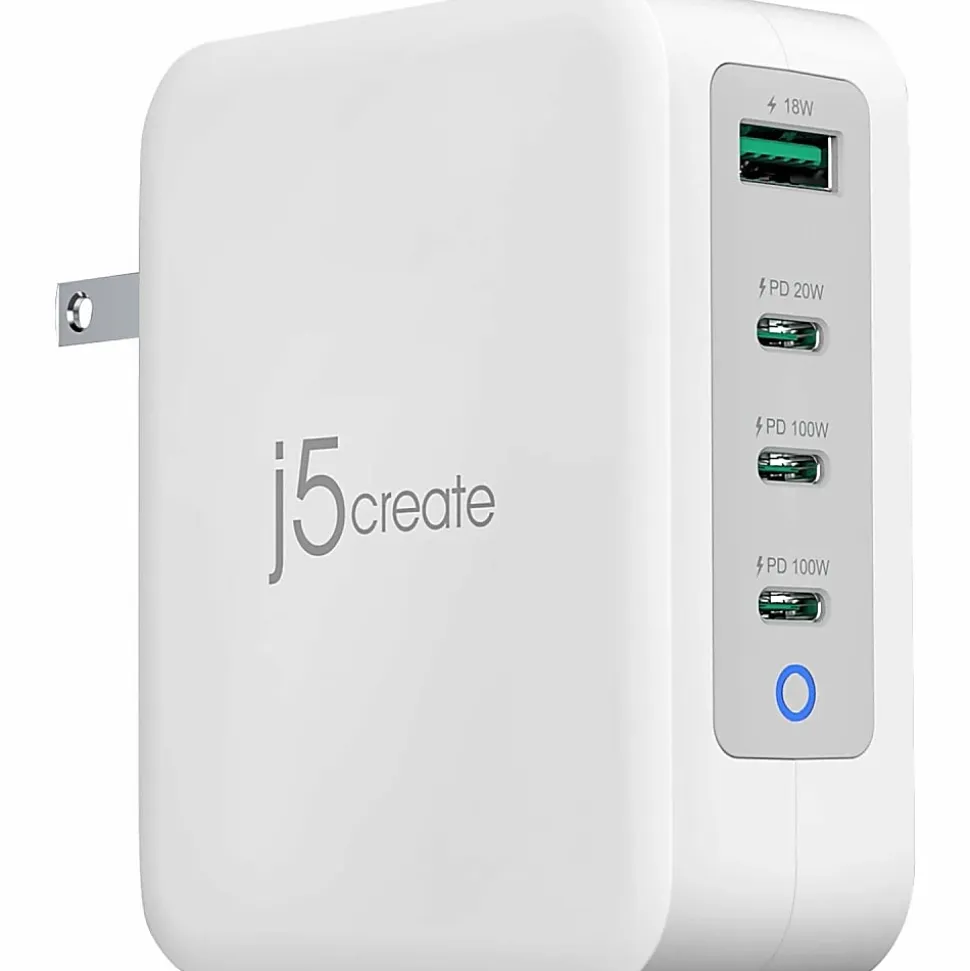 j5Create 130W GaN USB C 4 Port Charger, White/Gray, JUP43130