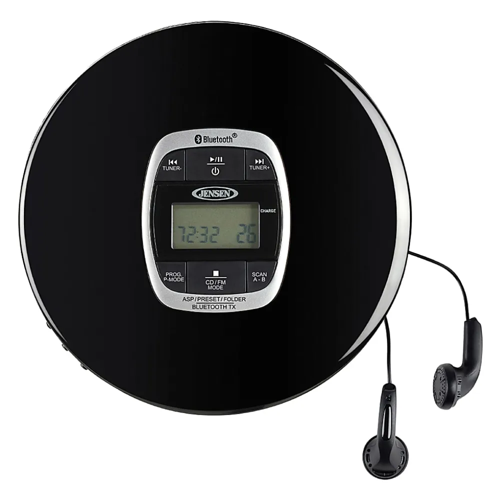 JENSEN Personal CD-60R-BT Portable Bluetooth CD Player With Digital FM Radio And Earbuds, 1-3/16”H x 5-9/16”W x 5-3/4”D, Black