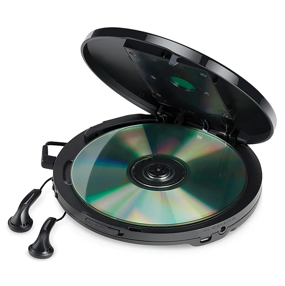 JENSEN Personal CD-60R-BT Portable Bluetooth CD Player With Digital FM Radio And Earbuds, 1-3/16”H x 5-9/16”W x 5-3/4”D, Black