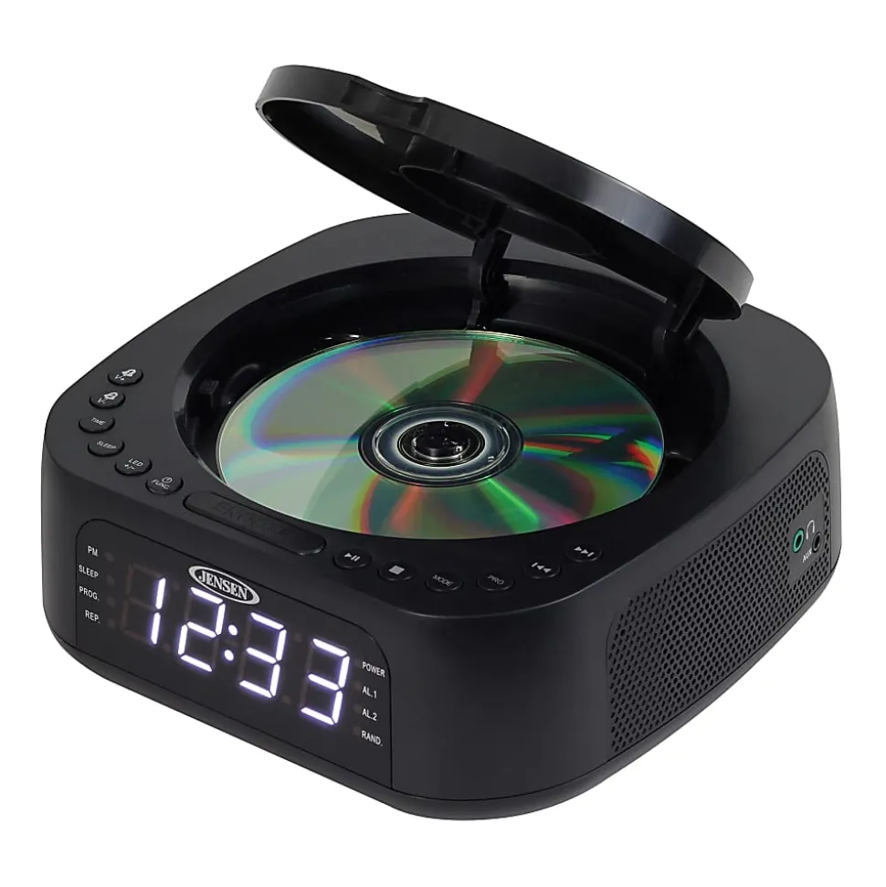 JENSEN Stereo Digital Dual-Alarm Clock With Top-Loading CD Player, FM Tuner, USB Charging Port And Battery Backup, 2.38"H x 7.32"W x 7.32"D, Black