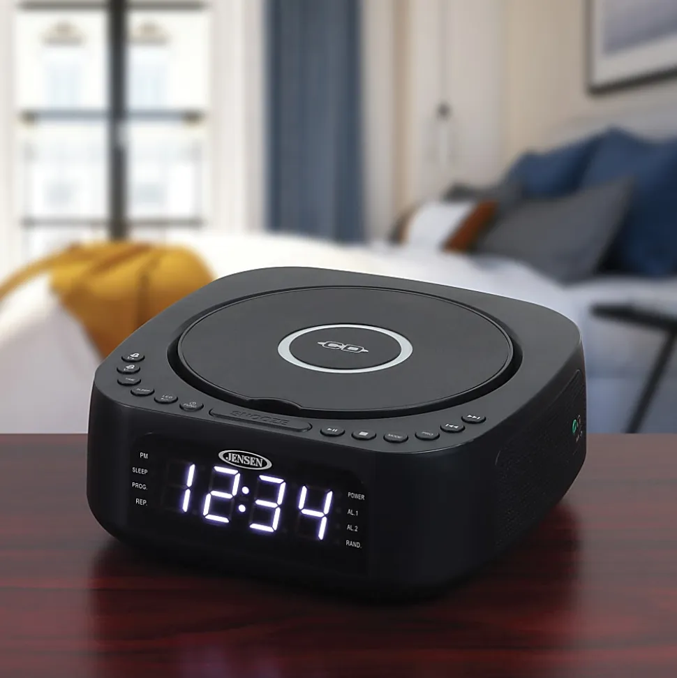 JENSEN Stereo Digital Dual-Alarm Clock With Top-Loading CD Player, FM Tuner, USB Charging Port And Battery Backup, 2.38"H x 7.32"W x 7.32"D, Black