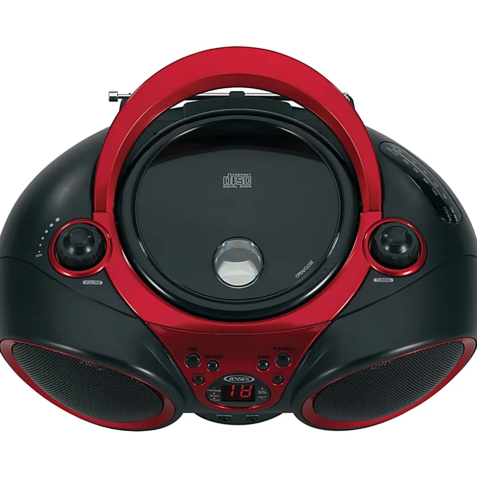 JENSEN 3W RMS CD-490 Portable Stereo CD Player With AM/FM Radio, 5-13/16”H x 9-1/8”W x 8-1/4”D, Black/Red