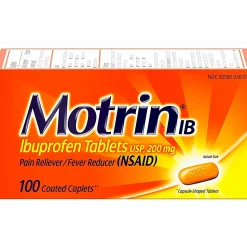Johnson & Johnson Motrin Ibuprofen Caplets  For Fever, Common Cold, Headache, Backache, Muscular Pain, Arthritis, Toothache  100 / Box