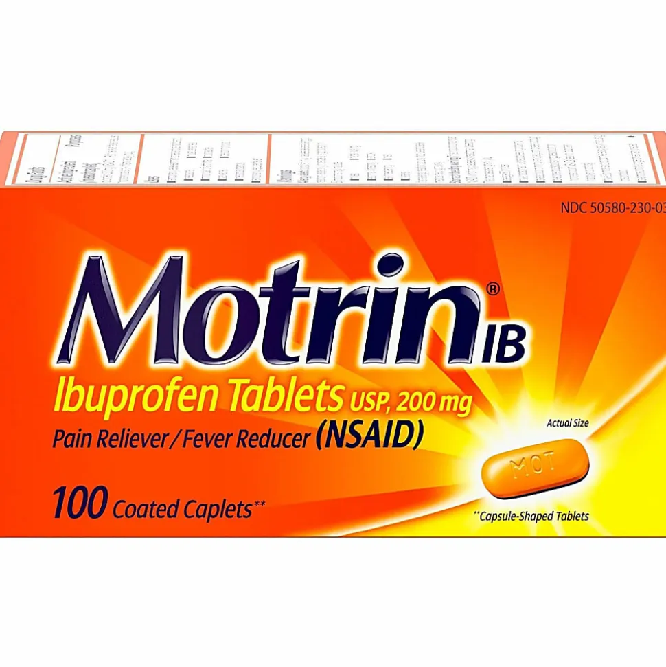 Johnson & Johnson Motrin Ibuprofen Caplets For Fever, Common Cold, Headache, Backache, Muscular Pain, Arthritis, Toothache 100 / Box