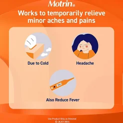 Johnson & Johnson Motrin Ibuprofen Caplets For Fever, Common Cold, Headache, Backache, Muscular Pain, Arthritis, Toothache 100 / Box
