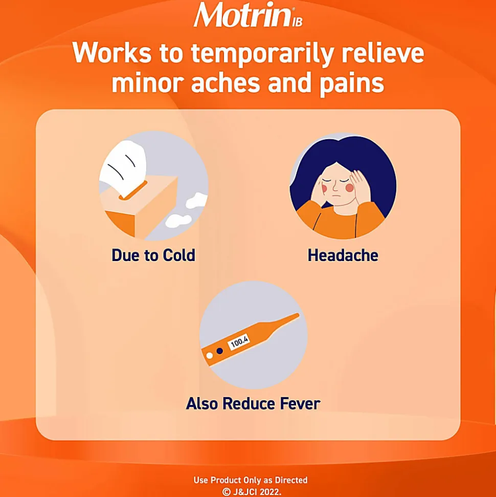 Johnson & Johnson Motrin Ibuprofen Caplets For Fever, Common Cold, Headache, Backache, Muscular Pain, Arthritis, Toothache 100 / Box