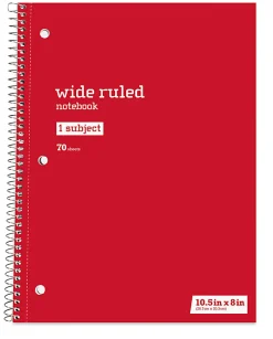 Just Basics® Spiral Notebook, 8" x 10-1/2", Wide Ruled, 70 Sheets, Red
