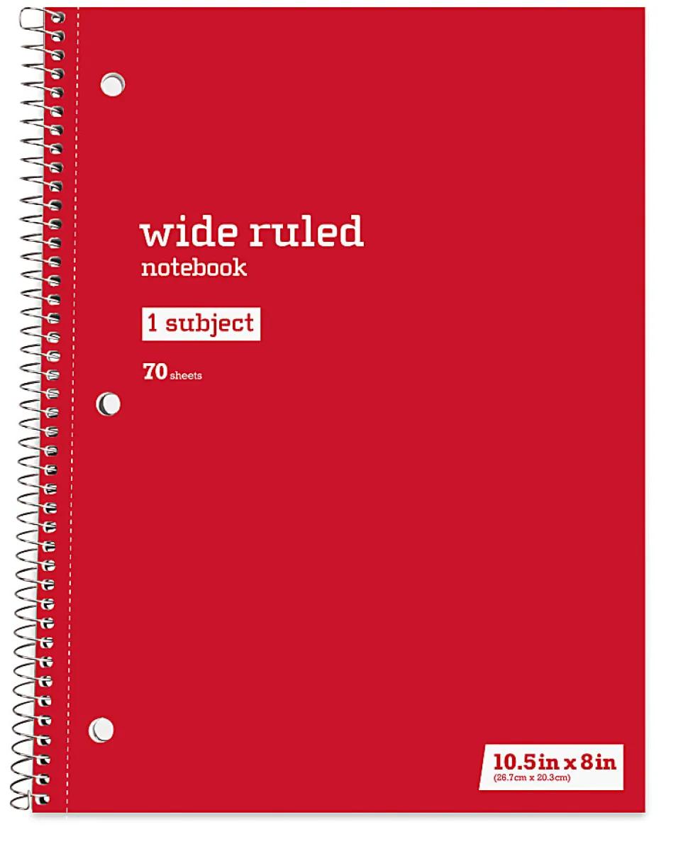 Just Basics® Spiral Notebook, 8" x 10-1/2", Wide Ruled, 70 Sheets, Red