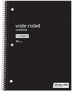 Just Basics® Spiral Notebook, 8" x 10-1/2", Wide Ruled, 70 Sheets, Black