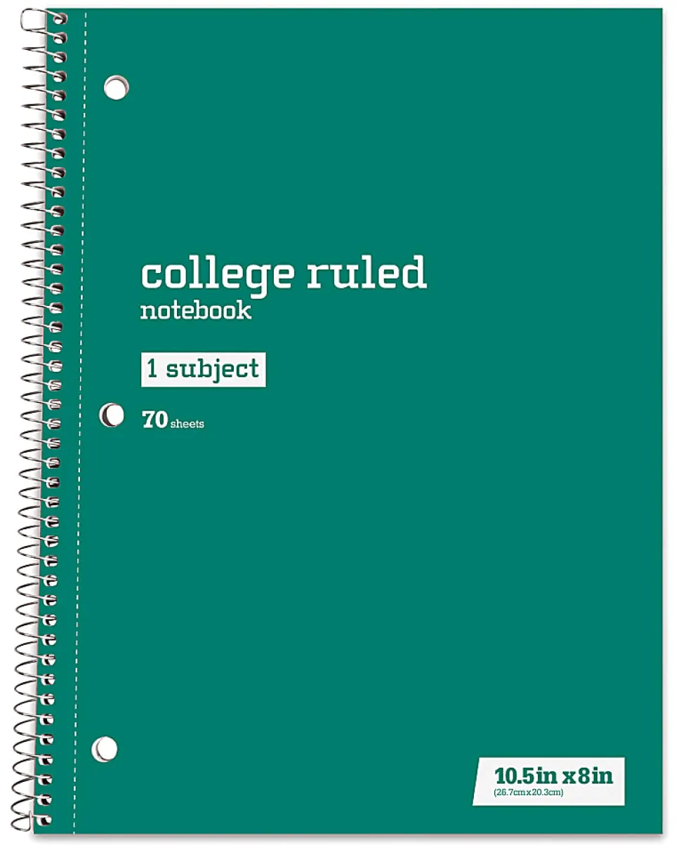 Just Basics® Spiral Notebook, 8" x 10-1/2", College Ruled, 70 Sheets, Green