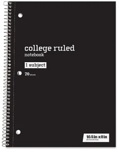 Just Basics® Spiral Notebook, 8" x 10-1/2", College Ruled, 70 Sheets, Black